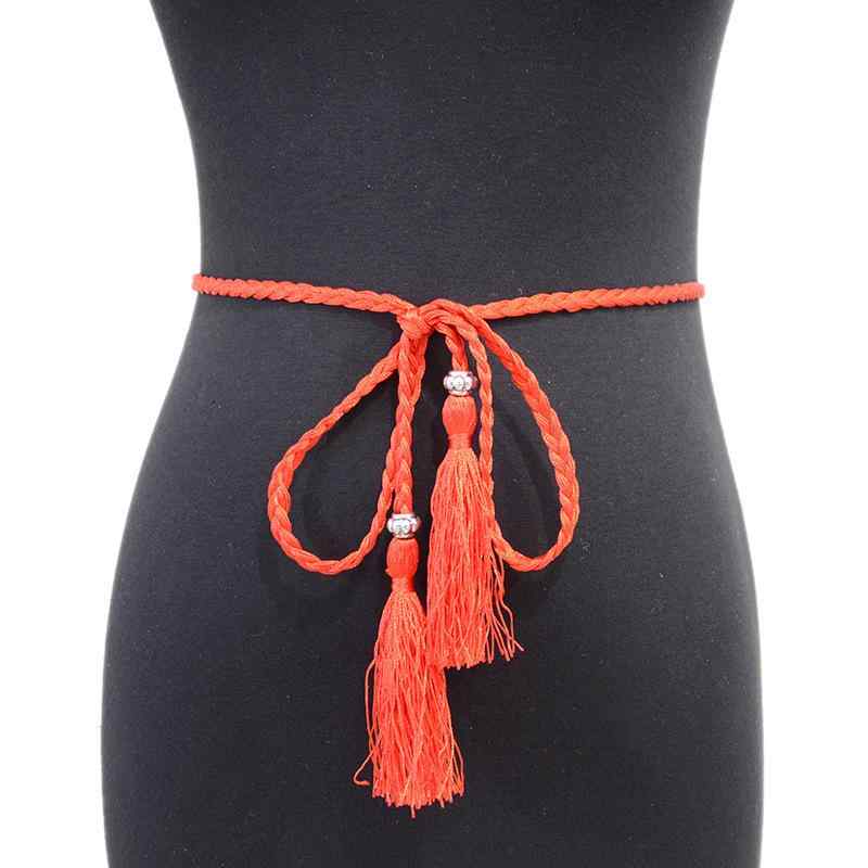 ベルト レディース 細身 スリム コットン 綿 紐 編み込み メッシュ 結び紐 リボン フリンジ タッセル ウエストチェーン ウエストマーク カジュアル 普段使い シャツ ワンピース ブラウス 黒 白 赤(x2)