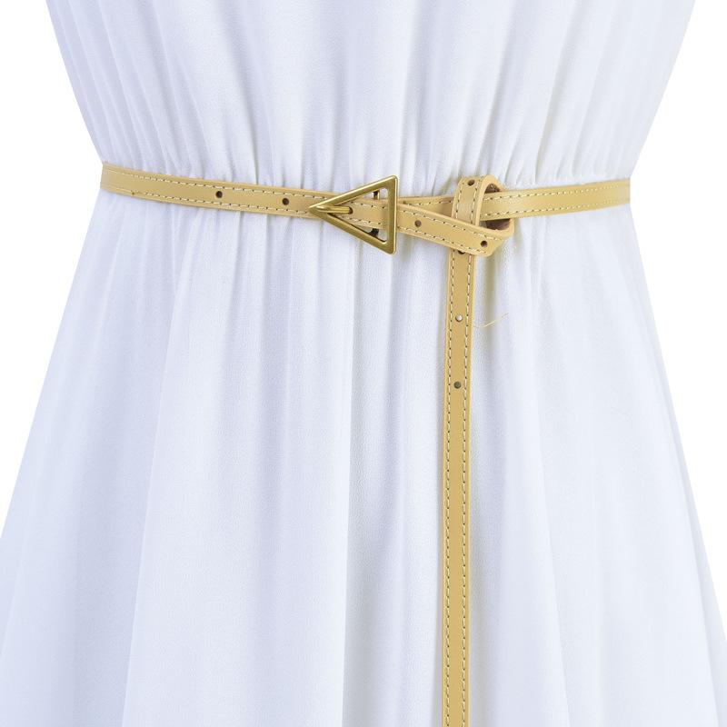 ベルト レディース 女性用 牛革 本革 細ベルト ナローベルト 三角バックル 韓国ファッション SNS映え スカート ワンピース オフィス カジュアル ウエストマーク(x2)