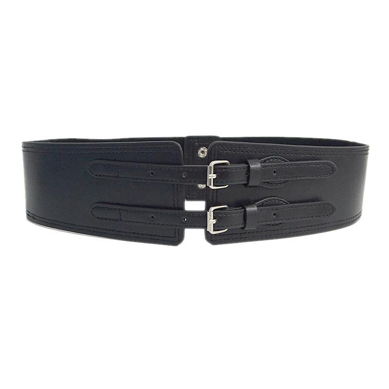 ウエストマークベルト レディース カジュアル ダブルピンバックル 伸縮性 ストレッチ フェイクレザー 調節可能 幅広 ウエスト 細見え 秋冬 コート アウター ブラック 黒(x2)