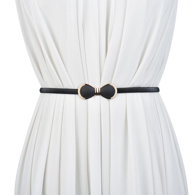 ウエストチェーン レディース 黒 伸縮性 スプリング リボン メタル 細身 ベルト エレガント 上品 ウエストマーク 体型カバー スタイルアップ コーデ オールシーズン 装飾(x2)