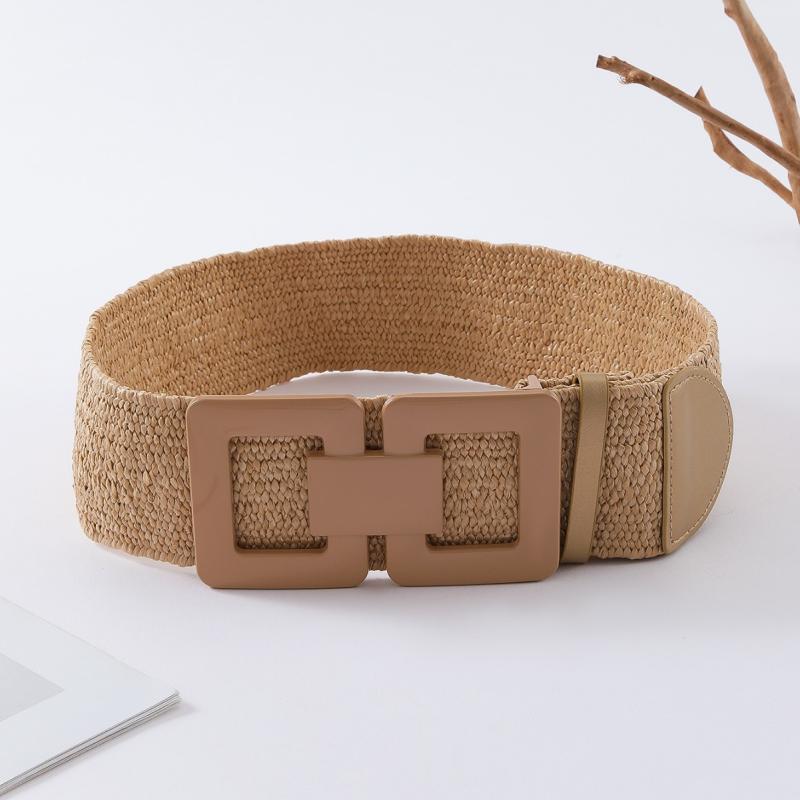 レディース ベルト 太ベルト ウエストマーク 編み込み スクエアバックル ピンバックル プラスチック 織布 伸縮性 春夏 カジュアル 普段使い フェミニン かわいい ナチュラル 抹茶 ブラック キャメル