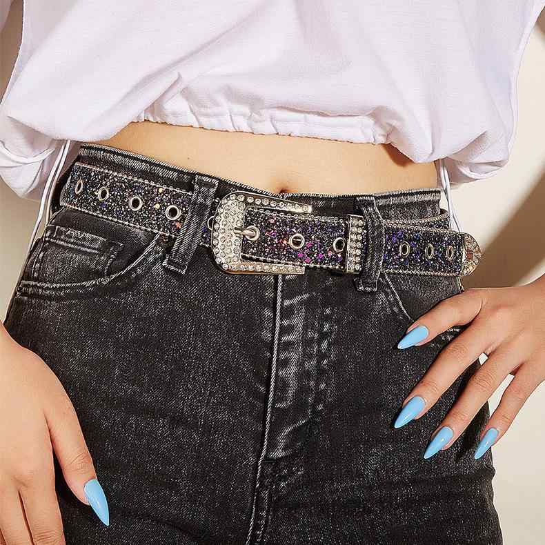 ベルト レディース 女性用 ラインストーン スパンコール 幅広 ウエストマーク デニム ジーンズ カジュアル ファッション おしゃれ 高見え 個性的 PUレザー ピンバックル SNS映え