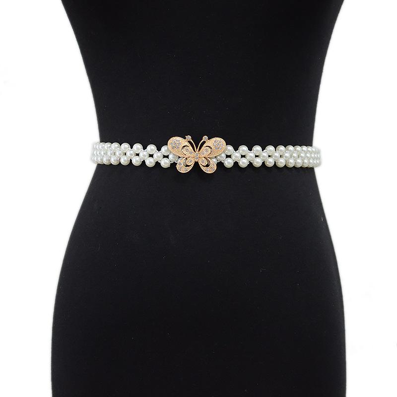 ベルト ウエストチェーン レディース 女性用 春夏 パール パール 細身 蝶々バックル バタフライ 伸縮性..