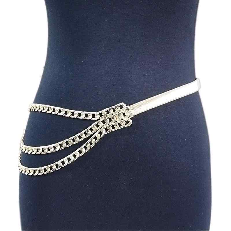 ベルト ウエストチェーン レディース カジュアル モード 個性的 装飾 伸縮性 ウエストマーク スタイルアップ メタル製 パンク ゴールド シルバー 春夏秋冬 コート アウター コーデ(x2)