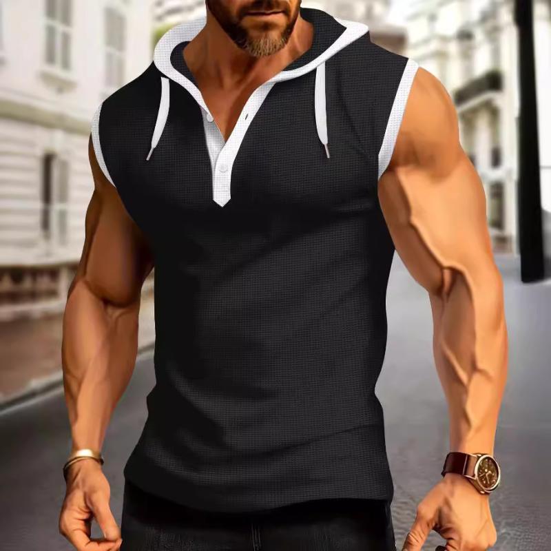 Tシャツ メンズ 春夏 欧米風 カジュアル スポーツ 切り替え ノースリーブ フード付き ボタン付き ポリエステル ゆったり ルーズフィット 普段使い アウトドア 男性用