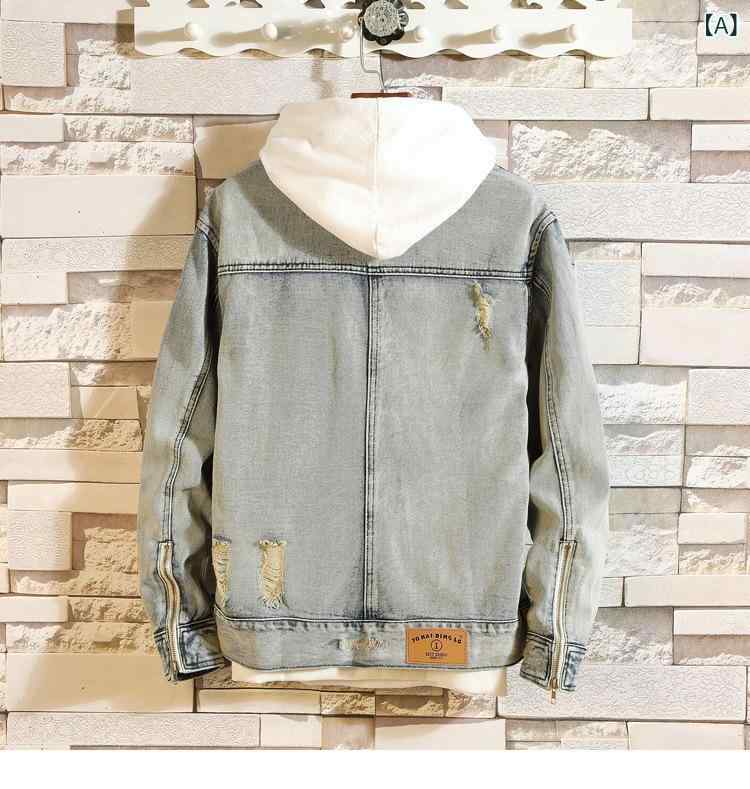 デニムジャケット Gジャン メンズ 男性用 フード付き 大きいサイズ ビッグサイズ ゆったり ウォッシュ加工 ヴィンテージ加工 ユーズド加工 韓国ファッション コリアンカジュアル ストリート系 綿混 コットンブレンド 春秋 普段使い 普段着 アウター