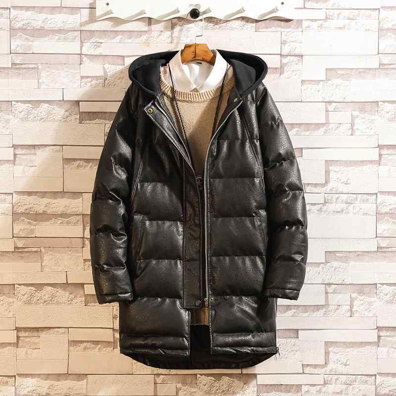 中綿ジャケット メンズ 男性用 PUレザー ミドル丈 フード付き 大きいサイズ ビッグサイズ 暖かい 防寒 保温 秋冬 カジュアル 厚手 ジップアップ サイドポケット