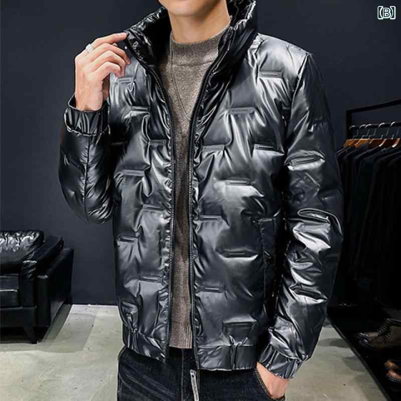 ダウンジャケット メンズ 男性 光沢 軽量 ショート丈 フード付き 厚手 保温 防寒 秋冬アウター 韓国風 トレンド 大きいサイズ ビッグサイズ ゆったり カジュアル ポリエステル ホワイトダックダウン