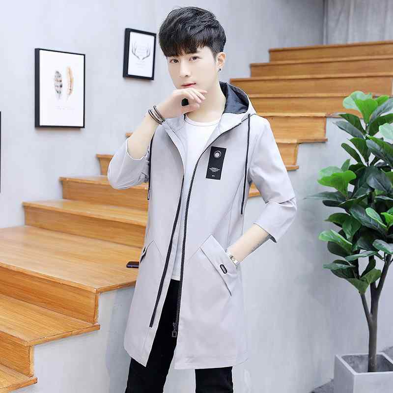 ジャケット メンズ フード付き ミドル丈 ウインドブレーカー スプリングコート 韓国風 スリムフィット ジップアップ アウター デイリーユース 普段使い カジュアル ポリエステル 春秋 グレー ブラック