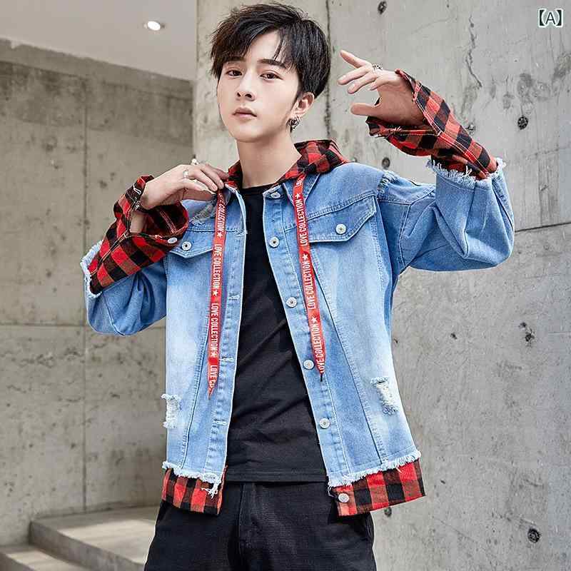 ジャケット メンズ フード付き フェイクレイヤード 切り替え デニム チェック柄 カジュアル ゆったり ビッグシルエット 綿素材 ポケット付き 長袖 韓国系 春秋 アウター 普段使い