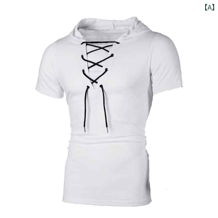 Tシャツ メンズ フード付き ゆったり ルーズフィット フード紐 ヒップホップ カジュアル 半袖 薄手 Uネック 無地 再生繊維 オールシーズン