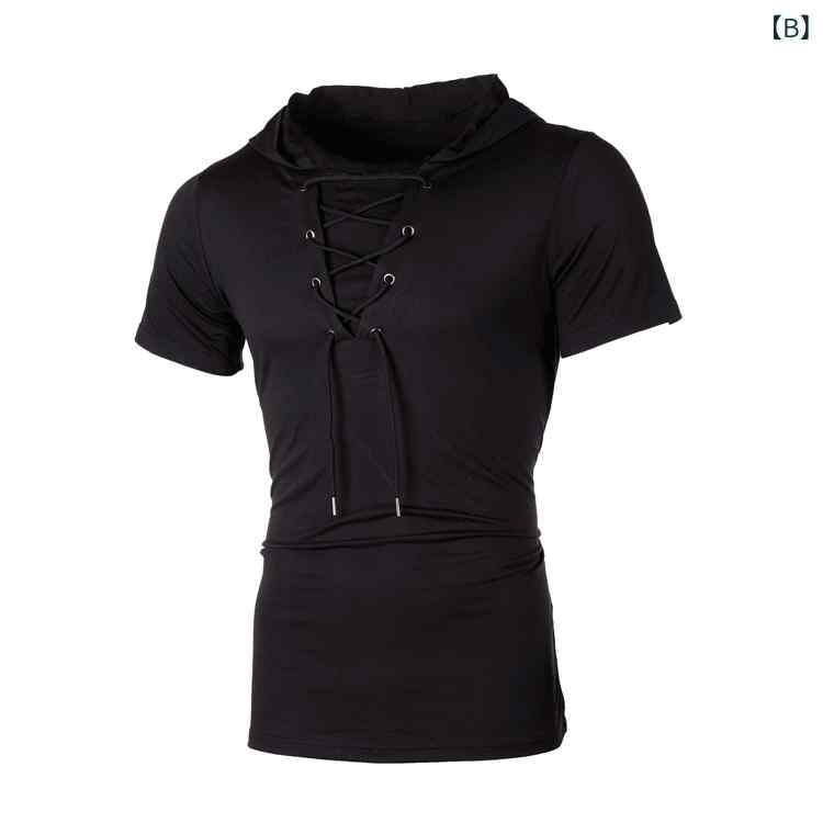 Tシャツ メンズ フード付き ゆったり ルーズフィット フード紐 ヒップホップ カジュアル 半袖 薄手 Uネック 無地 再生繊維 オールシーズン