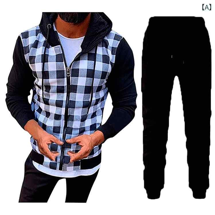 ジップアップパーカー メンズ 男性用 カジュアル チェック柄 フード付き 長袖 切り替え ポリエステル ルーズフィット ビッグシルエット 普段使い 部屋着
