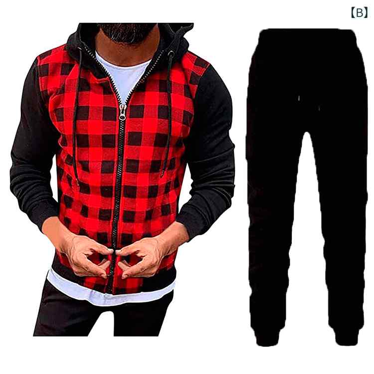 ジップアップパーカー メンズ 男性用 カジュアル チェック柄 フード付き 長袖 切り替え ポリエステル ルーズフィット ビッグシルエット 普段使い 部屋着