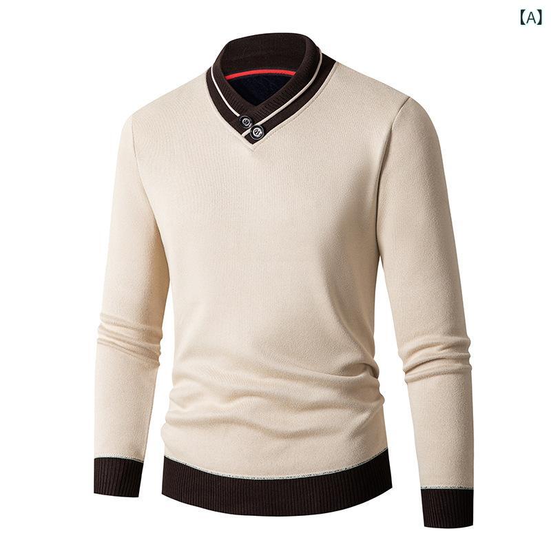 ニットセーター メンズ 男性用 秋冬 フェイクレイヤード シャツ襟 ファッション カジュアル スリムフィット プルオーバー