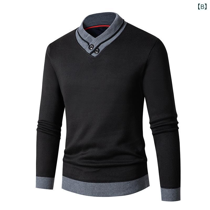 ニットセーター メンズ 男性用 秋冬 フェイクレイヤード シャツ襟 ファッション カジュアル スリムフィット プルオーバー