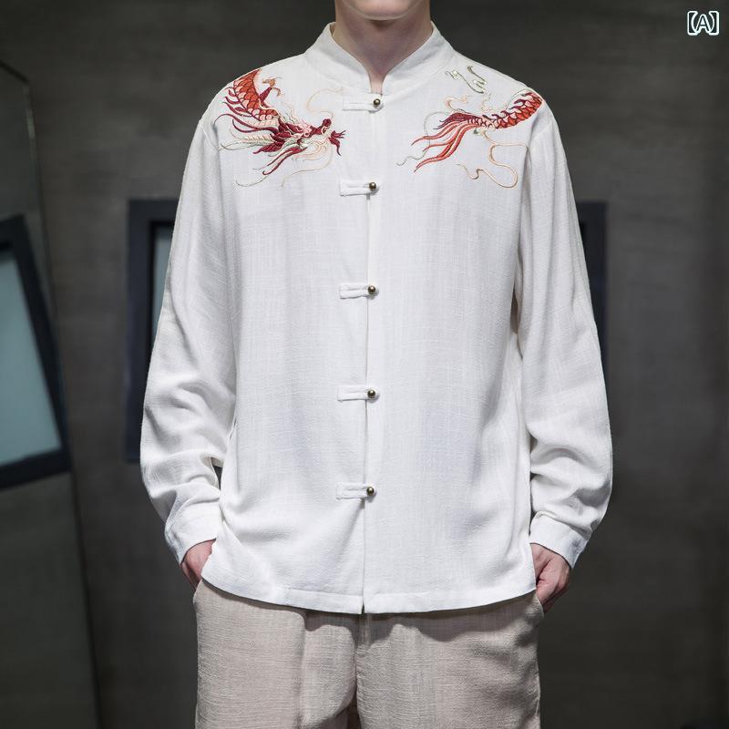 シャツ メンズ 春夏 中国風 リネン 麻 長袖 スタンドカラー ゆったり 大きいサイズ 龍柄刺繍 盤扣 銅ボタン 通気性 吸汗速乾 イージーケア 普段使い カジュアル