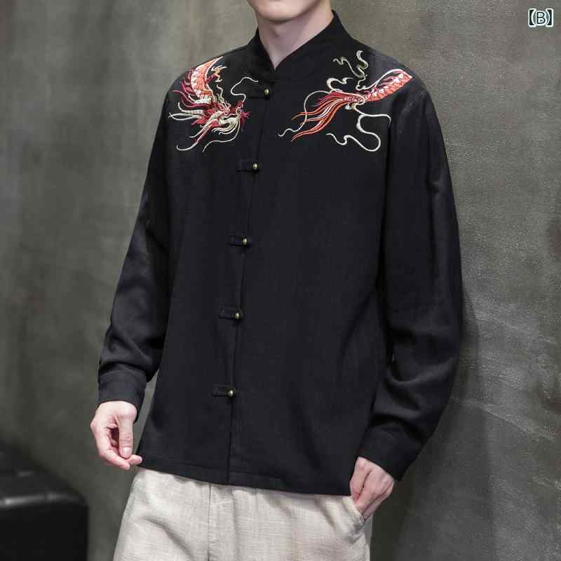シャツ メンズ 春夏 中国風 リネン 麻 長袖 スタンドカラー ゆったり 大きいサイズ 龍柄刺繍 盤扣 銅ボタン 通気性 吸汗速乾 イージーケア 普段使い カジュアル