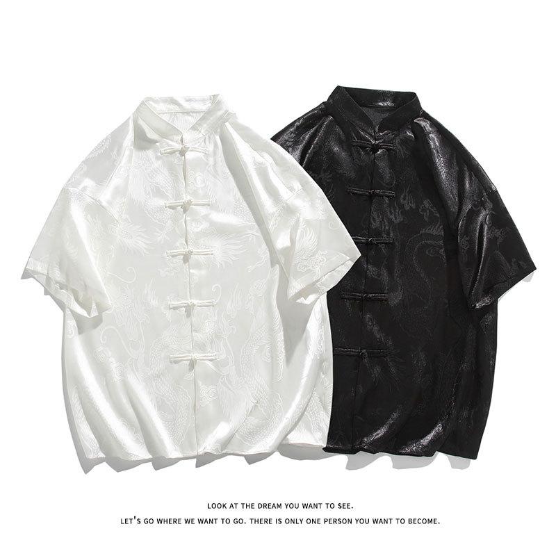 シャツ メンズ 新中華風 龍柄ジャガード織り 接触冷感 半袖 薄手 ゆったり ビッグシルエット 形態安定 ノーアイロン スタンドカラー チャイナボタン 盤扣 レトロ カジュアル 春夏 レーヨン