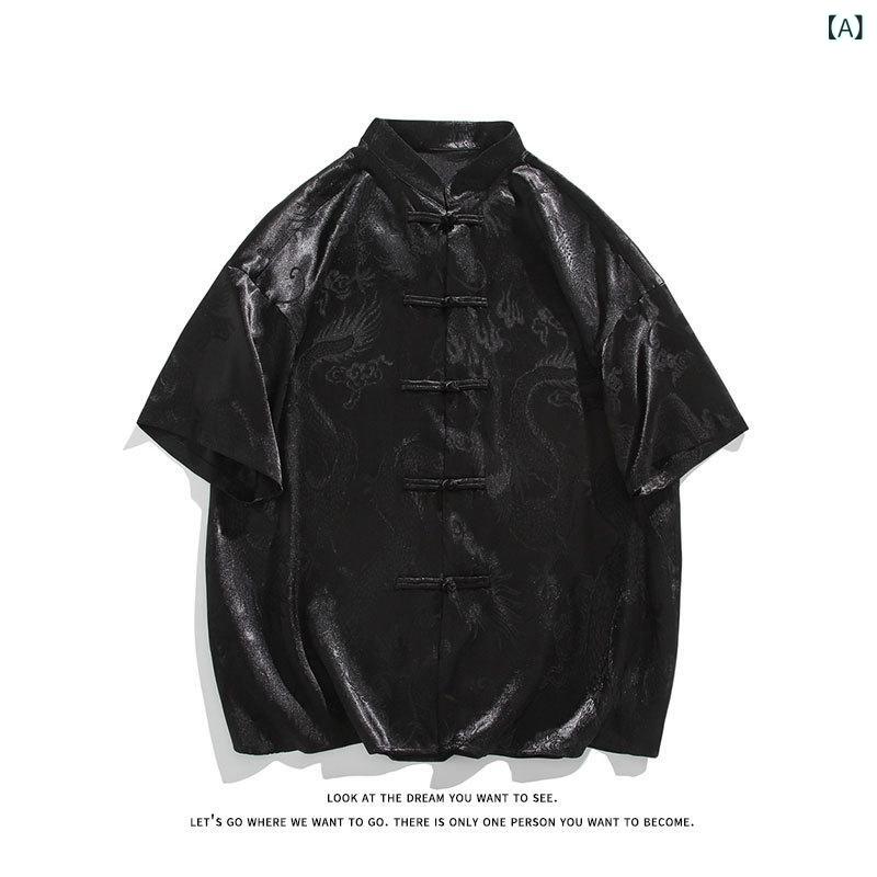 シャツ メンズ 新中華風 龍柄ジャガード織り 接触冷感 半袖 薄手 ゆったり ビッグシルエット 形態安定 ノーアイロン スタンドカラー チャイナボタン 盤扣 レトロ カジュアル 春夏 レーヨン