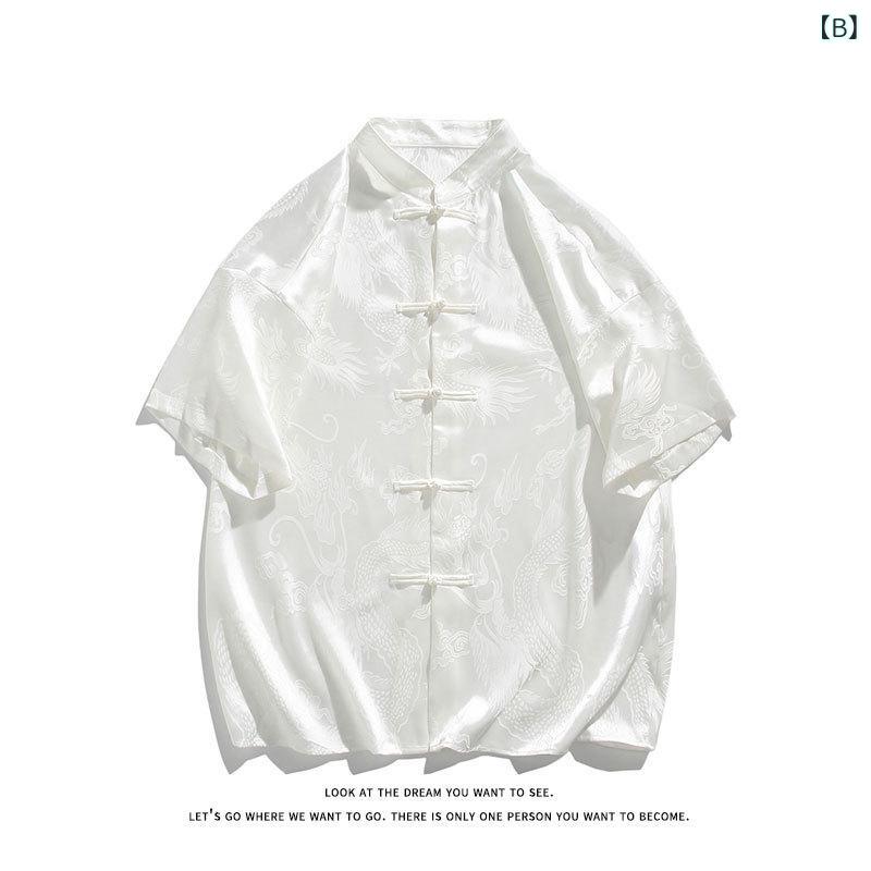 シャツ メンズ 新中華風 龍柄ジャガード織り 接触冷感 半袖 薄手 ゆったり ビッグシルエット 形態安定 ノーアイロン スタンドカラー チャイナボタン 盤扣 レトロ カジュアル 春夏 レーヨン