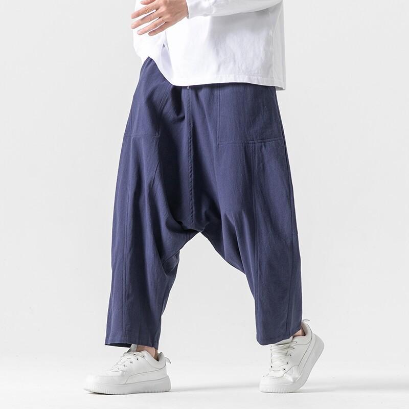 カジュアルパンツ 男性用 大きいサイズ ゆったり 綿麻 コットンリネン チャイナ風 レトロ サルエル ワイド クロップド イージーケア ポケット付き 普段使い 春夏