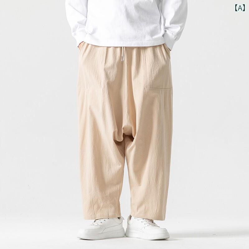 カジュアルパンツ 男性用 大きいサイズ ゆったり 綿麻 コットンリネン チャイナ風 レトロ サルエル ワイド クロップド イージーケア ポケット付き 普段使い 春夏
