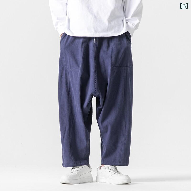 カジュアルパンツ 男性用 大きいサイズ ゆったり 綿麻 コットンリネン チャイナ風 レトロ サルエル ワイド クロップド イージーケア ポケット付き 普段使い 春夏