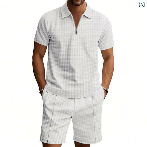 メンズ セットアップ 春夏 アメリカン カジュアル シンプル ゆったり 半袖 ジップ ポロシャツ ハーフパンツ ポリエステル 普段着 レジャー リゾート