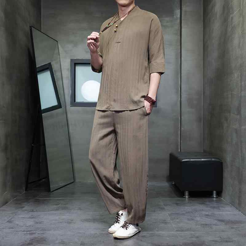 セットアップ メンズ 春夏 チャイナ風 綿麻 ショートスリーブ Tシャツ ロングパンツ レトロ カジュアル 大きいサイズ 通気性 リラックス ツーピース コーヒー色 ベージュ