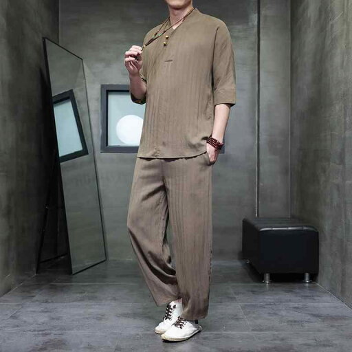 セットアップ メンズ 春夏 チャイナ風 綿麻 ショートスリーブ Tシャツ ロングパンツ レトロ カジュアル 大きいサイズ 通気性 リラックス ツーピース コーヒー色 ベージュ セットアップ メンズ 春夏 チャイナ風 綿麻 ショートスリーブ Tシャツ ロングパンツ レトロ カジュアル 大きいサイズ 通気性 リラックス ツーピース コーヒー色 ベージュ
