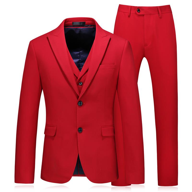 スーツ メンズ スリーピース セットアップ スリムフィット 細身 結婚式 新郎 ブライダル ビジネス フォーマル 春秋 赤 レッド ポリエステル アセテート混紡 韓国風