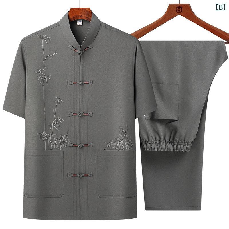 セットアップ メンズ シニア お父さん 紳士 男性用 春夏 半袖 竹の葉柄 シャツ カジュアル リラックス 薄手 軽量 中国風 ポリエステル 普段使い