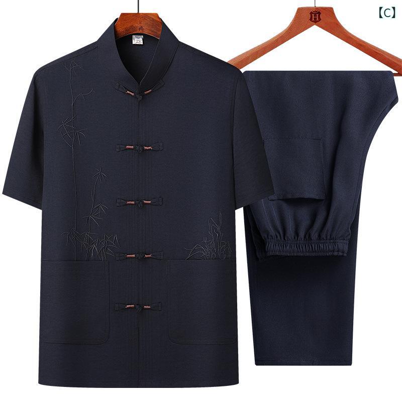セットアップ メンズ シニア お父さん 紳士 男性用 春夏 半袖 竹の葉柄 シャツ カジュアル リラックス 薄手 軽量 中国風 ポリエステル 普段使い