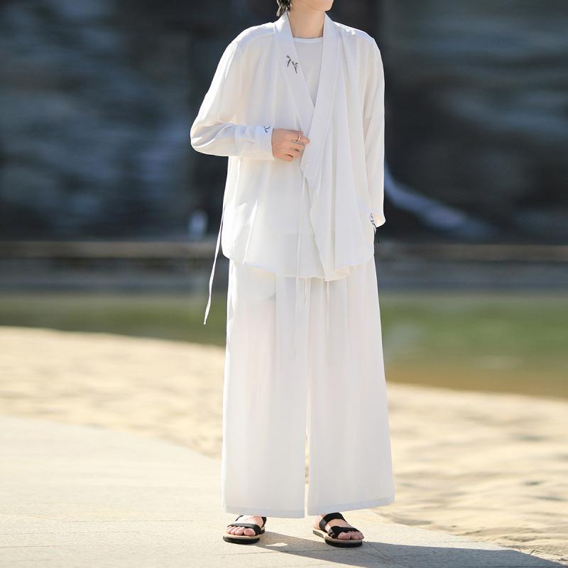 漢服 メンズ 中国風 セットアップ 上下セット 刺繡 羽織 ガウン 作務衣風 ゆったり オーバーサイズ 大きいサイズ 接触冷感 ポリエステル 軽量 薄手 UVカット ドレープ感 レトロ クラシック 春夏 黒 白(4)