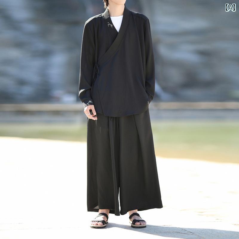 漢服 メンズ 中国風 セットアップ 上下セット 刺繡 羽織 ガウン 作務衣風 ゆったり オーバーサイズ 大きいサイズ 接触冷感 ポリエステル 軽量 薄手 UVカット ドレープ感 レトロ クラシック 春夏 黒 白