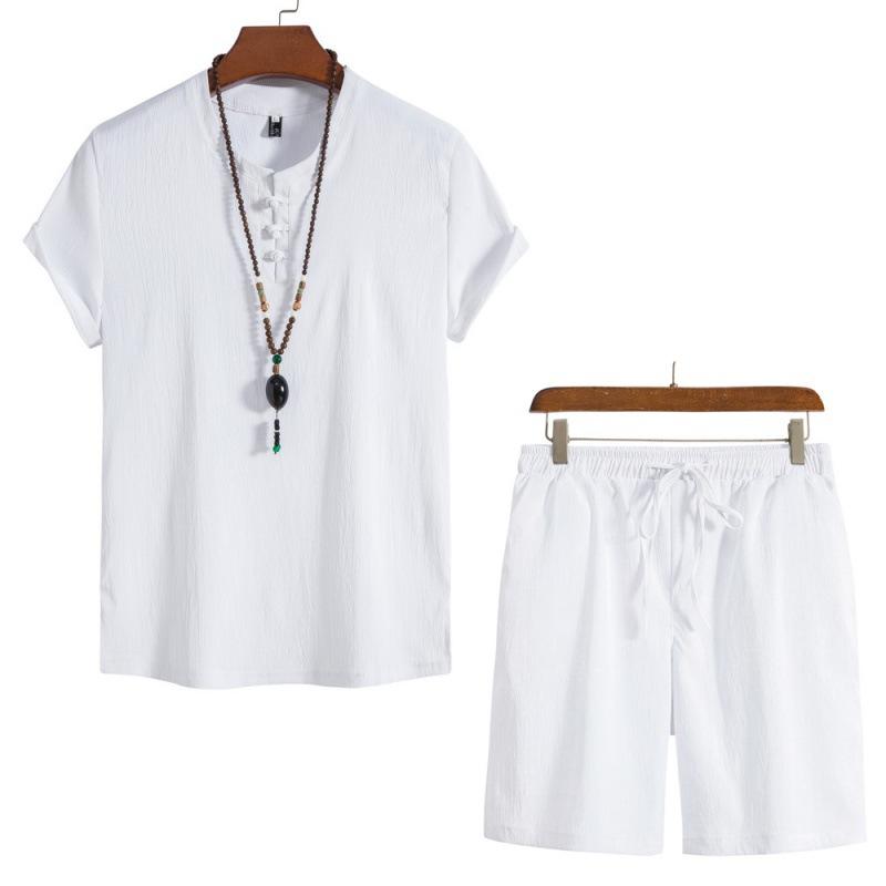 セットアップ メンズ 夏物 チャイナ風 半袖シャツ ショートパンツ 無地 薄手 軽量 ナイロン混 スポーツカジュアル レジャー 普段使い 上下セット 白 黒 グレー