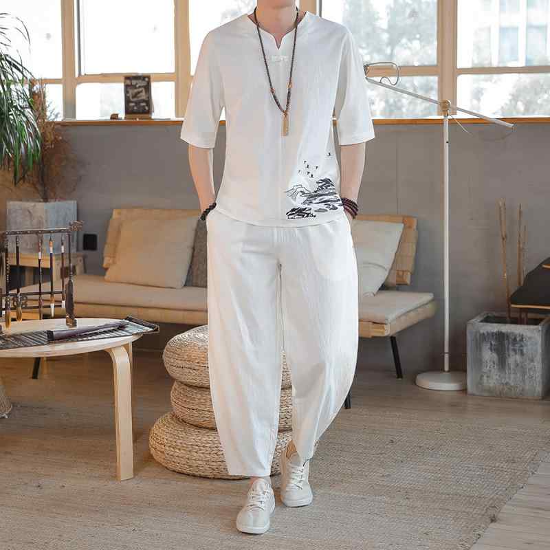 Tシャツ メンズ セットアップ 中国風 漢服 刺繍 プルオーバー 半袖 綿麻 リネン 七分丈パンツ カジュアル 普段使い リラックスウェア 春夏 ホワイト ブラック