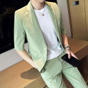 セットアップ メンズ スリムフィット 韓国風 7分袖ジャケット 九分丈パンツ カジュ...