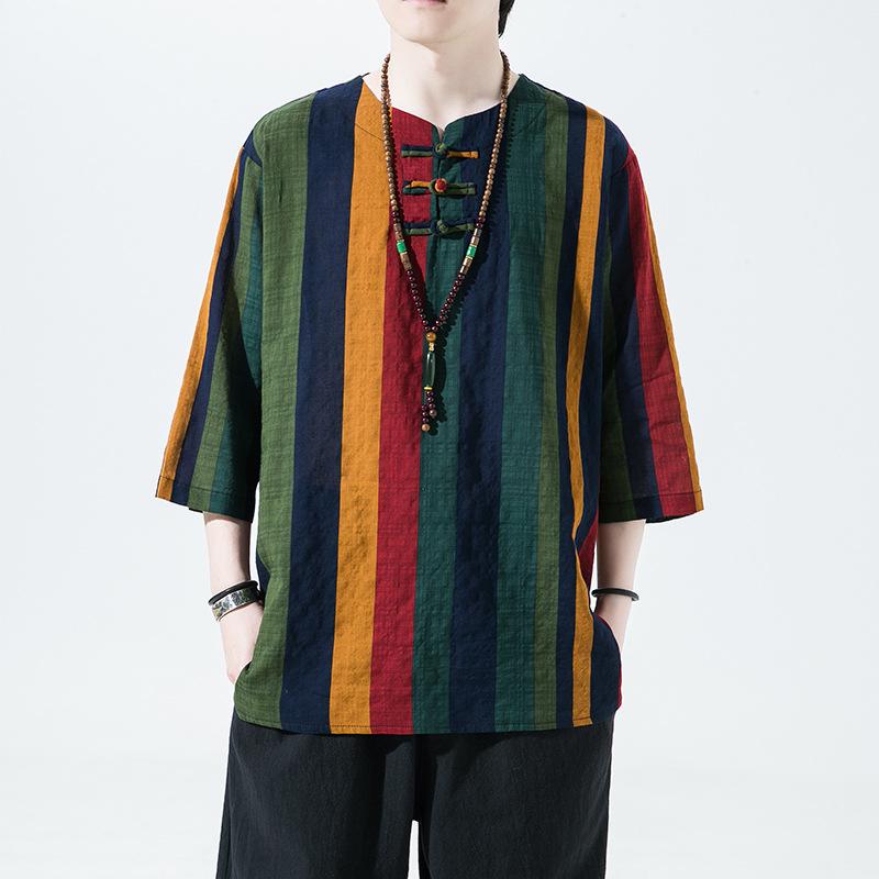 Tシャツ メンズ 男性用 春夏 麻 リネン 中国風 レトロ クラシック 盤ボタン チャイナボタン カラフル ストライプ柄 プリント 五分袖 薄手 ゆったり ルーズシルエット クルーネック 丸首 プルオーバー