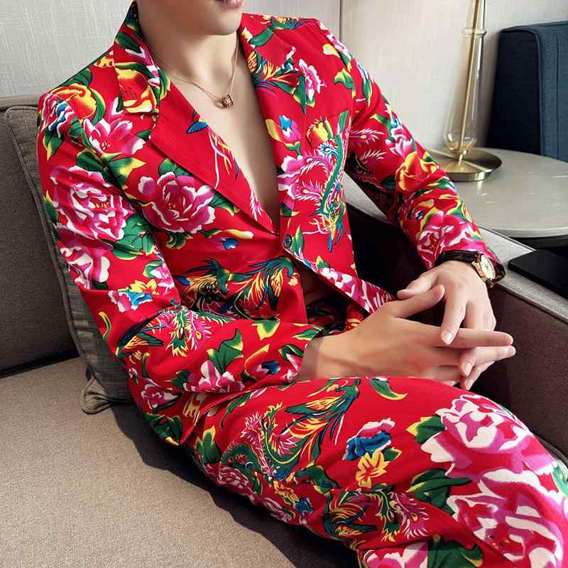 スーツ メンズ 春夏 カジュアル セットアップ 大胆な花柄 フローラルプリント 個性的 おしゃれ ファッション 一つボタン シングル スリムフィット ノッチドラペル 化繊混紡 ジャケット パンツ