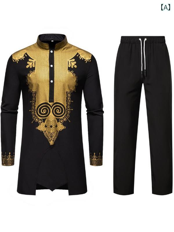 カジュアルセットアップ メンズ 欧米風 民族調 エスニック柄 ロング丈シャツ 箔プリント 長パンツ ポリエステル素材 普段使い リラックスウェア 秋冬 ブラック ワインレッド ロイヤルブルー ホワイト