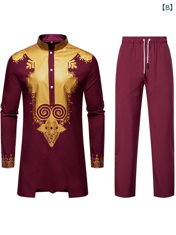 カジュアルセットアップ メンズ 欧米風 民族調 エスニック柄 ロング丈シャツ 箔プリント 長パンツ ポリエステル素材 普段使い リラックスウェア 秋冬 ブラック ワインレッド ロイヤルブルー ホワイト