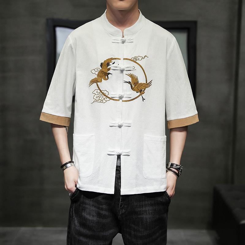 シャツ メンズ 男性用 中華風 半袖 綿麻 唐装 盤ボタン チャイナボタン 仙鶴 刺繡 レトロ ヴィンテージ ゆったり オーバーサイズ 立襟 普段使い カジュアル 春夏