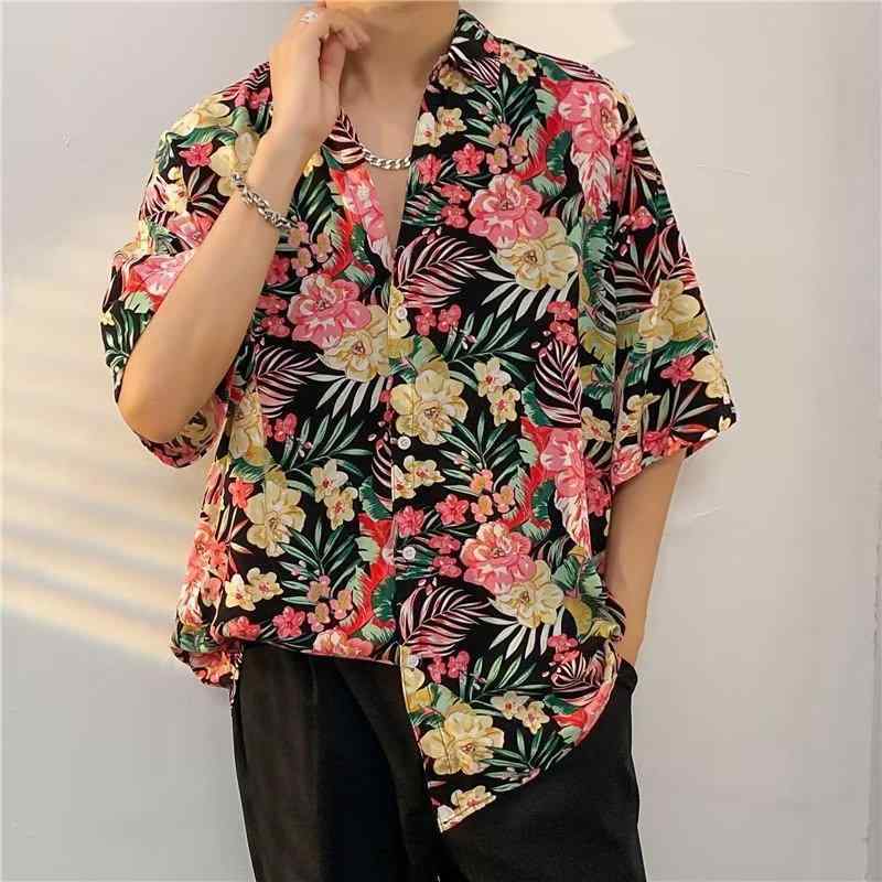 シャツ メンズ 男性用 接触冷感 小花柄 半袖 五分袖 薄手 ワイドカラー ビーチ ハワイアン リゾート カジュアル レジャー おしゃれ ゆったり ルーズフィット 夏 サマー