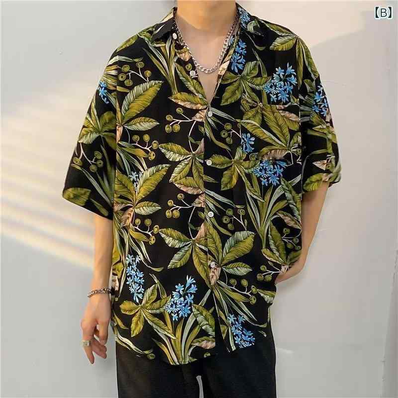 シャツ メンズ 男性用 接触冷感 小花柄 半袖 五分袖 薄手 ワイドカラー ビーチ ハワイアン リゾート カジュアル レジャー おしゃれ ゆったり ルーズフィット 夏 サマー