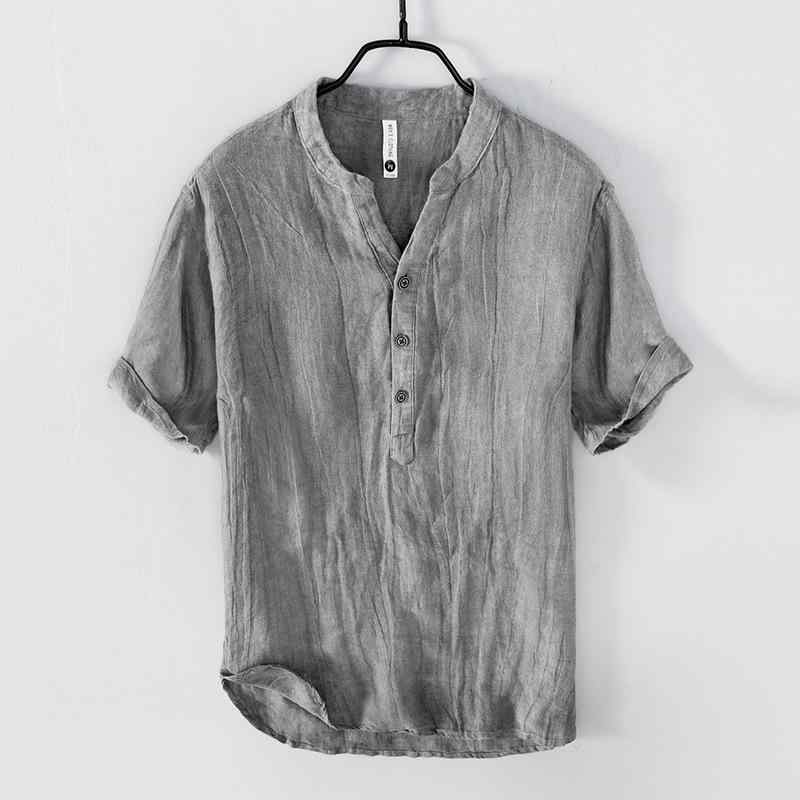 トップス メンズ 半袖Tシャツ 綿麻 リネン スタンドカラー プルオーバー ビッグシルエット ゆったり レトロ カジュアル 普段使い 薄手 軽量 通気性 無地 春夏