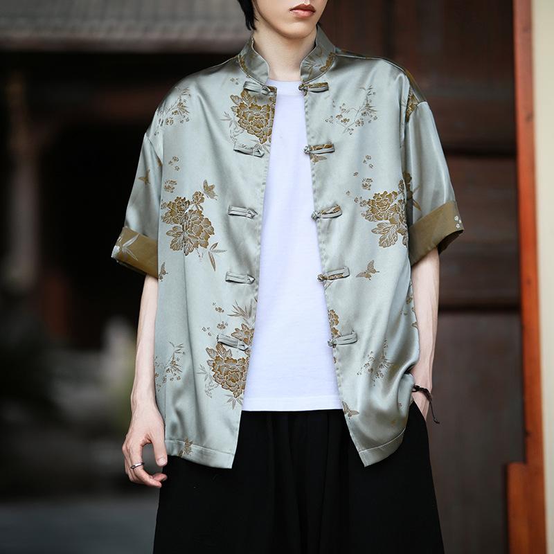 シャツ メンズ 中国風 モダンチャイニーズ ジャカード織り レトロ チャイナボタン 配色 スタンドカラー 五分袖 ゆったり 薄手 通気性 植物柄 サマーカジュアルトップス