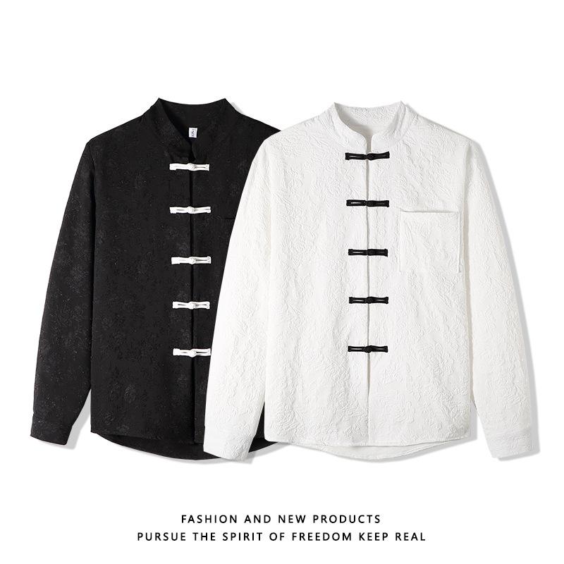 シャツ メンズ 男性用 中国風 レトロ クラシック 盤ボタン ジャカード織り スタンドカラー 立ち襟 エンボス刺繍 長袖 ゆったり ルーズフィット カジュアル 普段使い 秋物 イージーケア ポリエステル アセテート