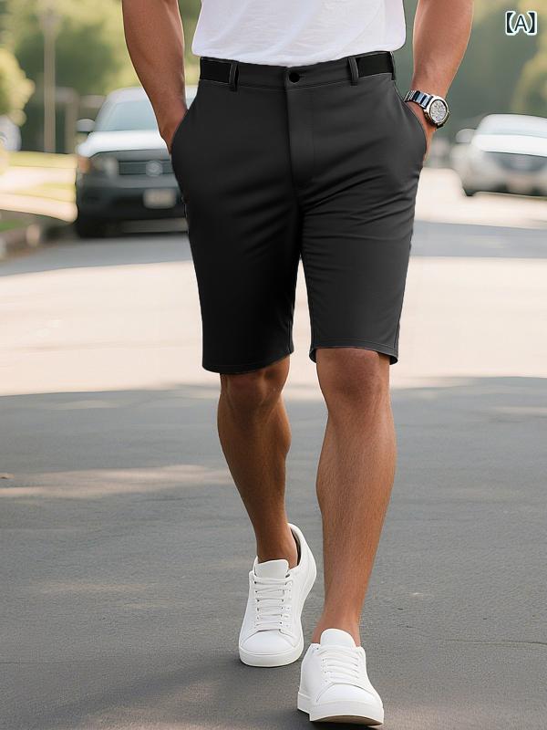 ハーフパンツ メンズ 春夏 無地 ハイウエスト ビジネスカジュアル カジュアル 普段使い アウトドア スポーツ ゴルフ ゆったり リラックスフィット 五分丈 薄手 ストレート ポリエステル 綿混 黒 紺 ベージュ